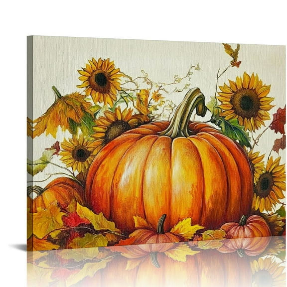 Fenyluxe Canvas Prints Wall Art Pumpkin Sunflowers Harvest Home Room Decor - Ready To Hang Art Print On Canvas 16x12in