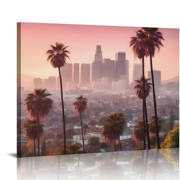 Fenyluxe Canvas Wall Art City Skyline Palm Trees Hazy Sky Ready To Hang 16x12in