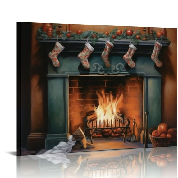 Fenyluxe Canvas Wall Art Fireplace and Stockings Decor for Home - Modern Ready To Hang Room Art Prints 20x16in