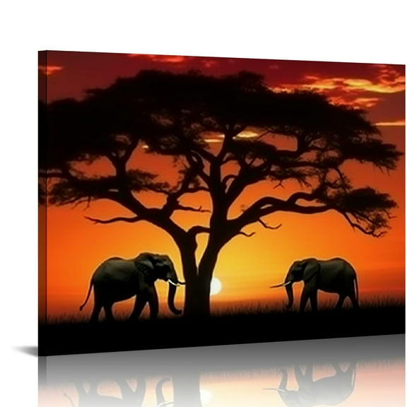 Fenyluxe Canvas Wall Art, Framed Canvas Prints Mother and Baby African Elephants Sunset Shadow Painting Pictures Print On Canvas Ready to Hang Wall Decor for Living Room, Bedroom, 16x12in