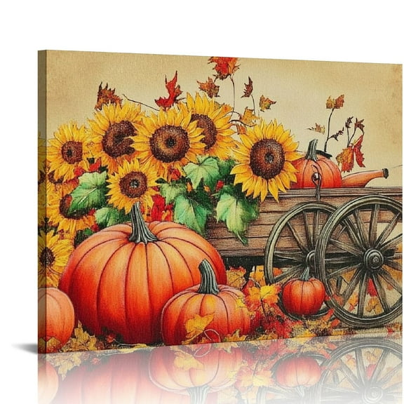 Fenyluxe Canvas Wall Art Pumpkin Sunflowers Wagon Ready To Hang Room Home Decor 16x12in