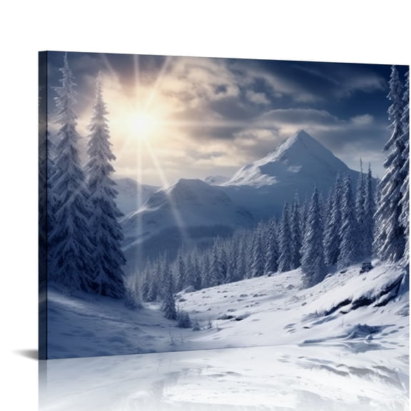 Fenyluxe Canvas Wall Art Snowy Mountain Trees Sun Shining Print on Canvas for Home Decor, Ready to Hang Wall Art Decor 20x16in