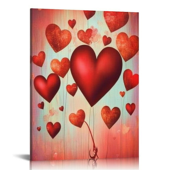 Fenyluxe Canvas Wall Decor Art Painting Print, Valentines Day Heart Shape Balloon Romantic Love Home Decoration Artwork Framed Picture Ready to Hang 12x16 in