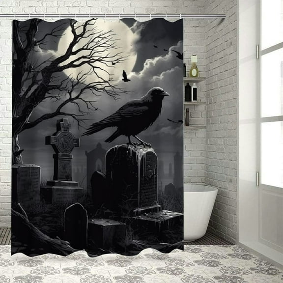Fenyluxe Cemetery Crow Gothic Shower Curtain Set with Hooks, 100% Polyester Fiber, Modern Bathroom Decor, Various Sizes 36"x72