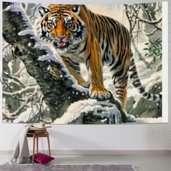 Fenyluxe  Chinese Art Painting Chinese Brush Landscape Ink Flower and Bird Painting Asian Tapestry Silk Scroll Painting Decor Wall Hanging Painting (Tiger) 60x50inch