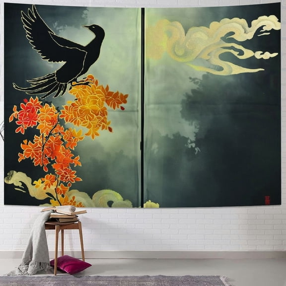 Fenyluxe  Chinese Style Curtain Traditional Golden Phoenix Great Wall Full Moon Printed Asian Window Treatment Hanging Door Tapestry for Sushi Kitchen Home Decoration  50x40inch