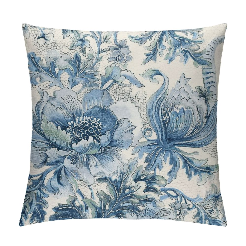 Fenyluxe Chinoiserie Flowers Trees Blue Throw Pillow Cover, Floral