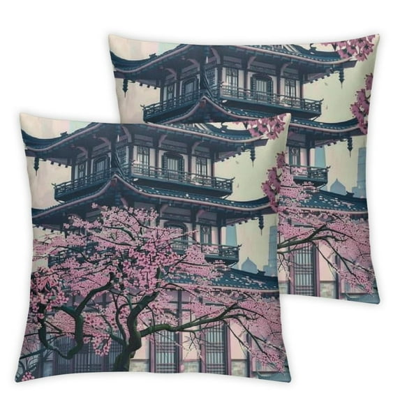 Fenyluxe Chinoiserie Garden Scenery Pillow Covers Blue Pagoda Coral Pink Flower Farmhouse Throw Pillow Cover White ,Set of 2 Japanese Asian Style Pillow Cover Case for Living Room Bedroom White