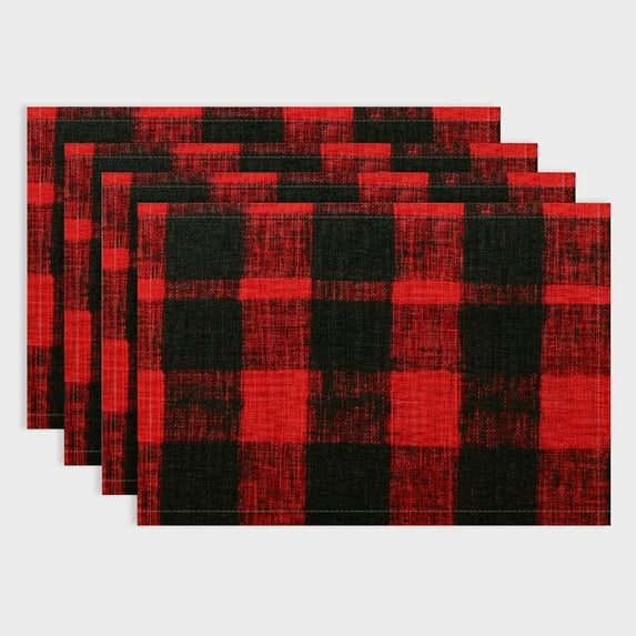 Fenyluxe Christmas Buffalo Plaid Placemats Set of 4, Reversible Red and Black Buffalo Check Place Mats Christmas Dining Table Decorations 18x12in