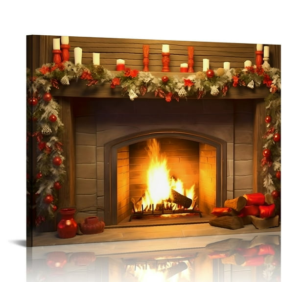 Fenyluxe Christmas Decorations Fireplace Warm Lighting Canvas Wall Decor for Bathroom Art Modern Canvas Prints 16x12in