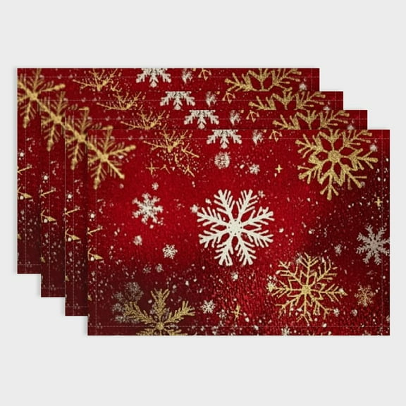 Fenyluxe  Christmas Holiday Placemats Set of 4, Christmas Red Gold Snowflake Non Slip Heat-Resistant Washable Table Place Mats for Kitchen Dining Table Home Decoration 18x12in