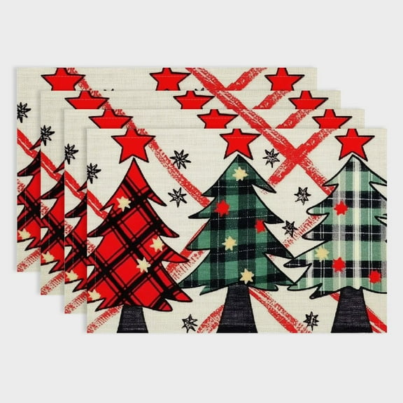 Fenyluxe  Christmas Placemats Set of 4 Plaid Farmhouse Christmas Tree Washable Winter Xmas Table Mats for Holiday Dining Table 18x12in