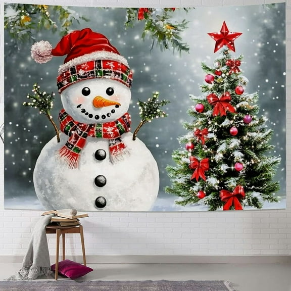 Fenyluxe  Christmas Snowman Tapestry Wall Hanging, Winter Snowman and Pine Forest in Snow Tapestry, Red Christmas Ball on Pine Tree with Snowflake Tapestry for Living Room Bedroom Decor 40x30inch