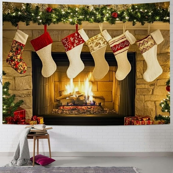 Fenyluxe Christmas Tapestry Backdrop, Christmas Tree Xmas Fireplace Fire Place Santa Claus Art Tapestries Wall Hanging for Living Party Outdoor Winter Holiday Background Decor Poster 40x30inch