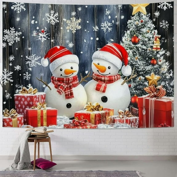 Fenyluxe  Christmas Tapestry Wall Hanging Red Xmas Balls and Snowman on Rustic Planks Tapestries Winter Snowflake Decorative Blanket for Bedroom Living Room Dorm Holiday Party Wall Decor 40x30inch