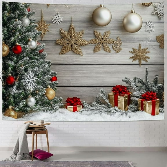 Fenyluxe  Christmas Tapestry Wall Hanging Christmas Tree and Bells Stars on Wooden Plank Backdrop Pine Tree Wall Blanket Xmas Tapestry for Bedroom Room Dorm Outdoor Decor 40x30inch