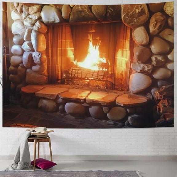 Fenyluxe  Christmas Tapestry Wall Hanging Xmas Cobblestone Fireplace Wall Tapestry for Party Livingroom Bedroom Dorm Home Decor 40x30inch