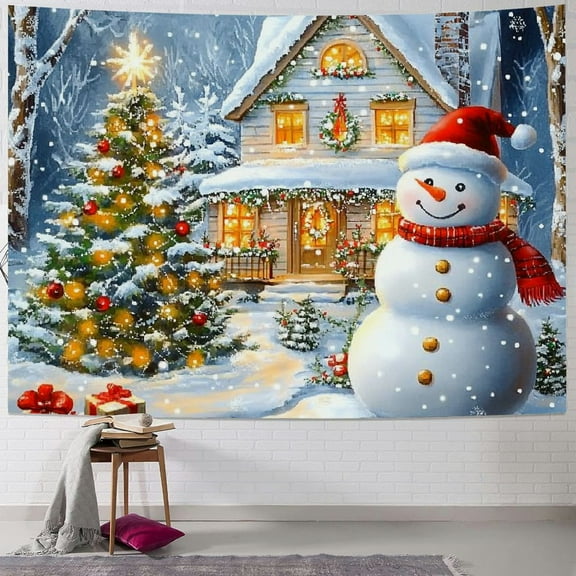 Fenyluxe Christmas Tapestry Xmas Tree Tapestries Snowman Tapestry Snow Happy New Year Backdrop Decor Winter Warm House Tapestry Wall Hanging for Bedroom 40x30inch