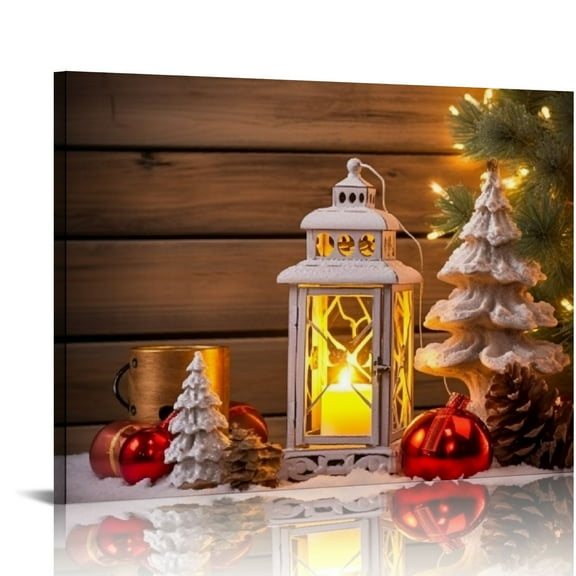 Fenyluxe Christmas Tree Candle Lantern Canvas Wall Art Print Home Decor Ready to Hang Modern Canvas Prints 16x12in