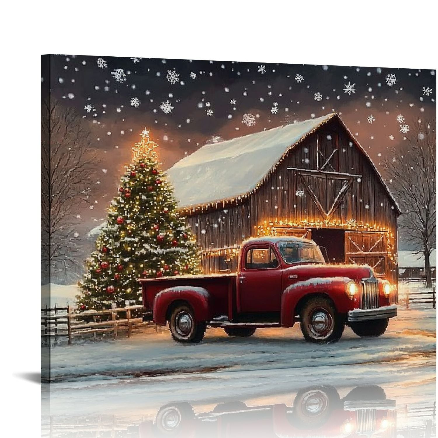 Fenyluxe - Christmas Tree Farm Canvas Wall Art, Red Truck Barn Rustic ...