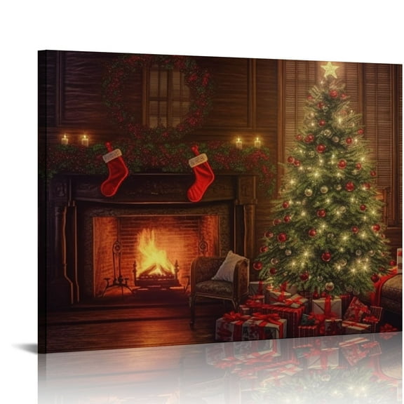 Fenyluxe Christmas Tree Fireplace Canvas Prints Wall Art Decor Ready To Hang for Home Room Decoration 16x12in