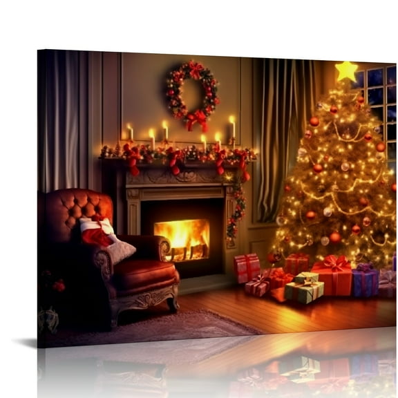 Fenyluxe Christmas Tree Fireplace Living Room Canvas Wall Art Print Decor Gift 16x12in