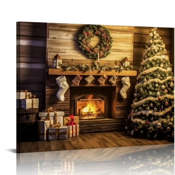 Fenyluxe Christmas Tree Presents Fireplace Canvas Print Ready to Hang Home Art Decor 16x12in