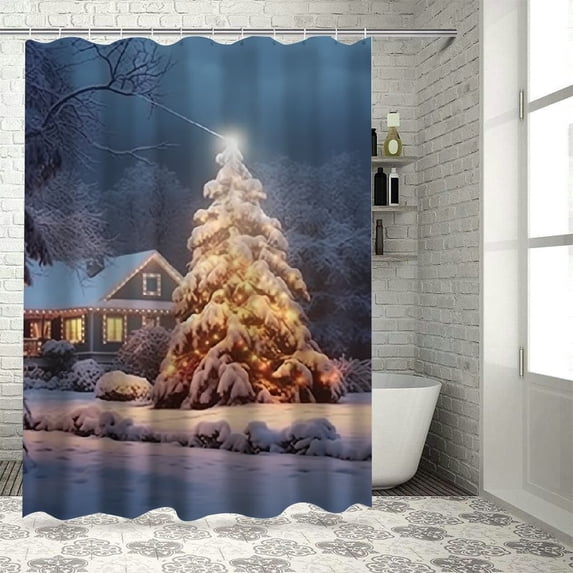 Fenyluxe Christmas Tree Snow House Print Shower Curtain, Home Bathtubs Bathroom Decoration, Polyester Fiber Bathroom Curtain with Hooks 60x72