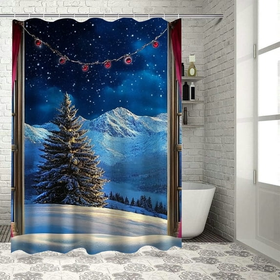 Fenyluxe Christmas Tree Snow Shower Curtain Set with Hooks, Decorative Bathroom Curtain for Home Bathtubs, Waterproof Polyester Fabric 60"x72