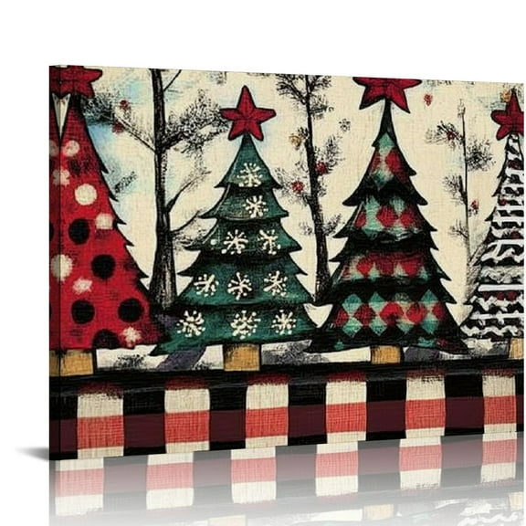 Fenyluxe Christmas Trees Folk Art Modern Canvas Prints Wall Art Decor for Home Ready To Hang 16x12in