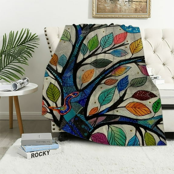 Fenyluxe Colorful Leaves Bird Throw Blanket for Sofa Couch Cottagecore Room Decor All Seasons Lightweight Blanket 40x50in