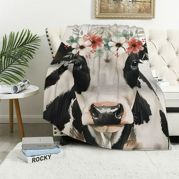 Fenyluxe Cow Flower Crown Flannel Throw Blanket for Couch Sofa Bed Office, Travel, Camping, School - Long-lasting Blanket for All Seasons 40x50in