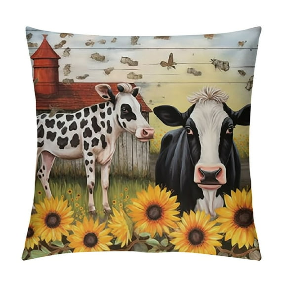 Fenyluxe Cow Sunflowers Barn Fashion Style Dirt-Resistant Throw Pillow Covers for Couch Sofa Bed Living Room Bedroom Pillow Case Short Plush 1PC 18x18in