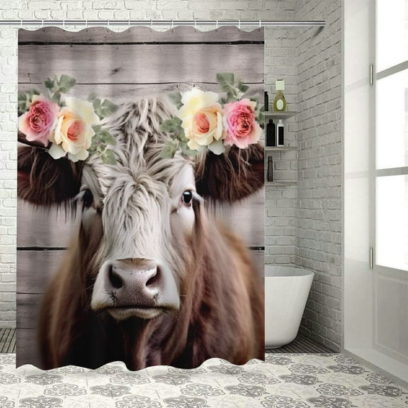 Fenyluxe Cow With Flower Crown Pretty Shower Curtain Bathroom Decor Polyester Fiber Bathroom Shower Curtain Set with Hooks 36x72