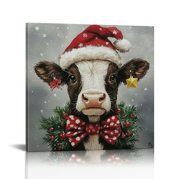 Fenyluxe Cow with Christmas Accessories Wall Art Decor - High-Definition Canvas Print 12x12in