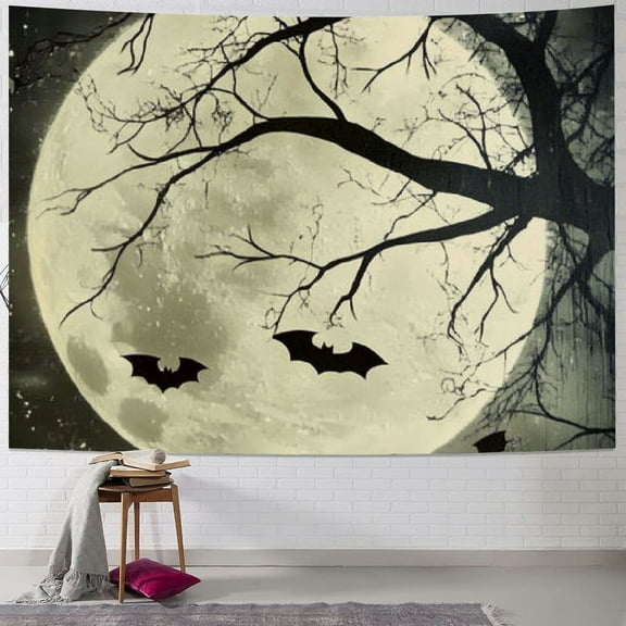 Fenyluxe Creepy Halloween Tapestry, Full Moon Night Sky Tapestry Wall Hanging, Black Bat Crow on Withered Branches Tapestry Wall Art for Teen Kids Bedroom Living Room Hippie Party Decor 40x30inch