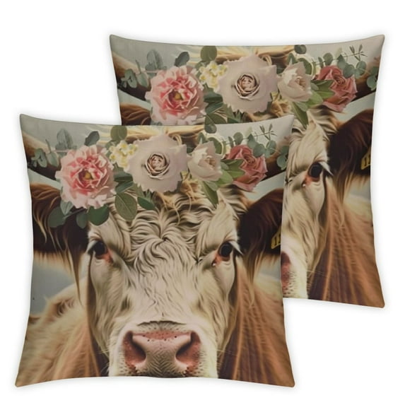 Fenyluxe Cute Animals Throw Pillow Covers Tibetan Plateau Baby Yak with Peonies Roses Flowers Green Leaves Garland Design Pillow Cushion Cover Farmhouse Rustic Home Sofa Pillowcase 2pcs White