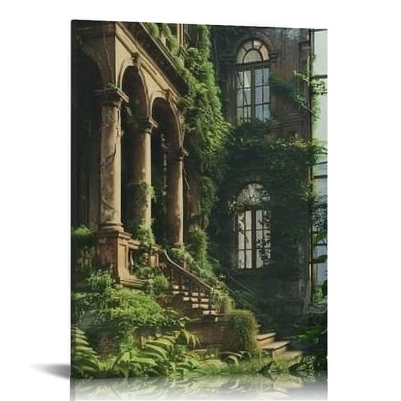 Fenyluxe Dark Academy Posters, Gothic Canvas Wall Art, Medieval Castle Wall Art, Vintage Canvas Wall Decor, Abandoned Library Paintings, Overgrown Plants in Dark Colors Picture