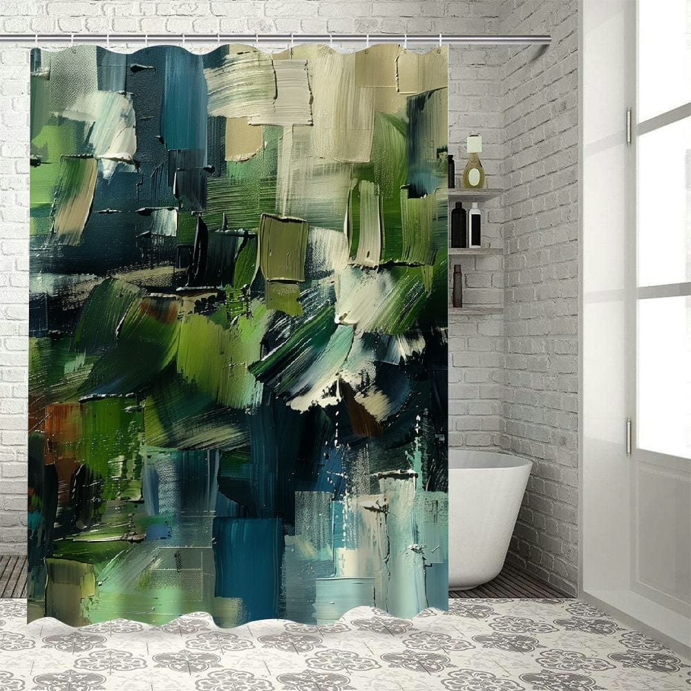 Fenyluxe Dark Green Shower Curtain, Simple Abstract Painting Style