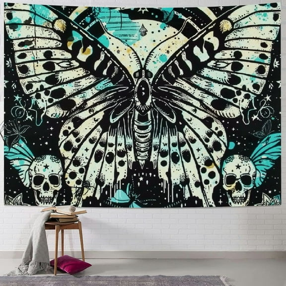 Fenyluxe Death Moth Tapestry Skull Tapestry Butterfly Tapestry Gothic Skeleton Tapestry Blue Mandala Tapestry Wall Hanging for Room 40x30inch