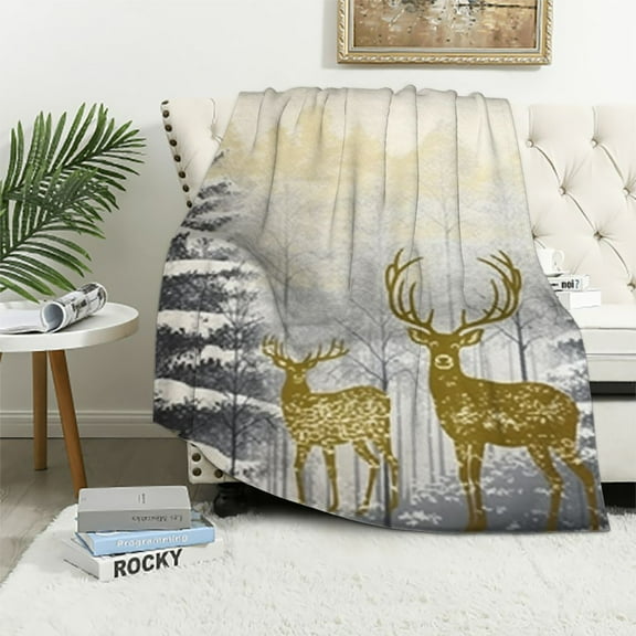 Fenyluxe Deer Snow Trees Print Throw Blanket for Bed Couch Car - Super Soft Plush Blanket for All Seasons - Kids and Adults 40x50in