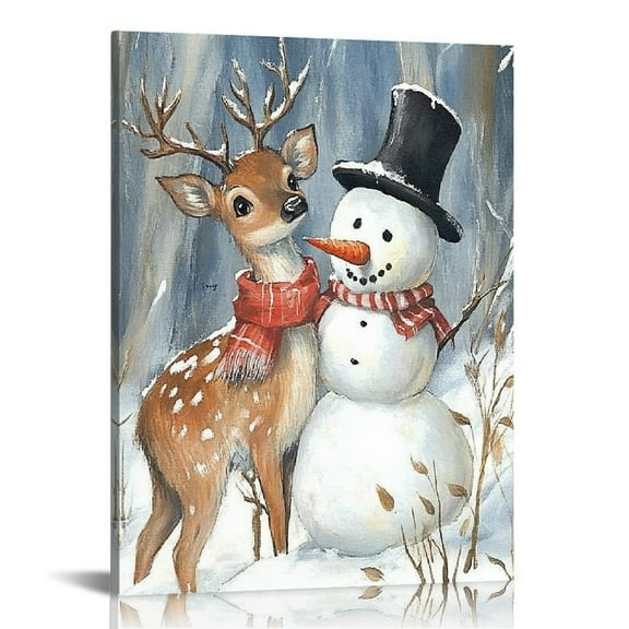Fenyluxe Deer Snowman Whimsical Wall Art Canvas Prints for Home Decor, Living Room, Bathroom, Bedroom, Office - Perfect Gift Idea for Various Occasions 16x20in