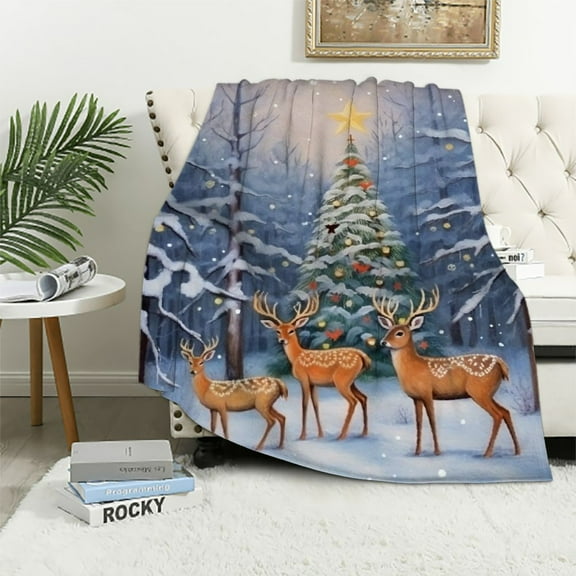 Fenyluxe Deer Snowy Forest Christmas Tree Print Throw Blanket - Excellent Hand Feel Blanket for Bed Sofa Living Room Decor - All Seasons Comfort - Exquisite Gifts 50x60in