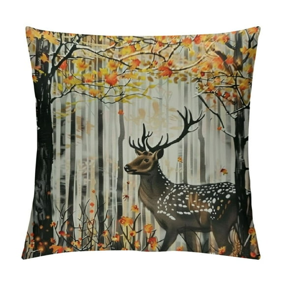 Fenyluxe Deer Throw Pillow Cushion Cover, Deer in Forest Autumn Colors Trees Foliage Wilderness Seasonal Artwork, Decorative Square Accent Pillow Case 12x12in