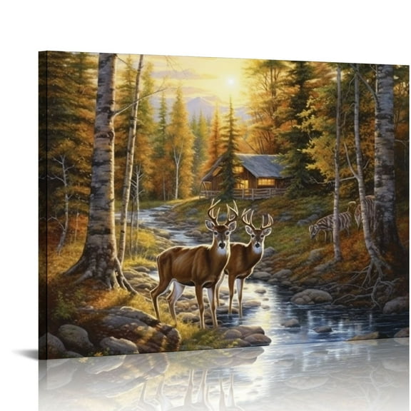 Fenyluxe Deer Woods Cabin Wall Art Canvas - Ready To Hang Home Decor for Bedroom and Kitchen - Fashion Wall Pictures 16x12in