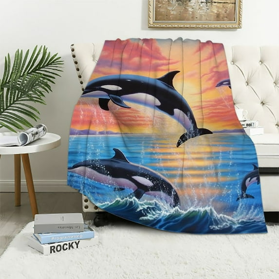 Fenyluxe Dolphins Sunset Jumping Flannel Throw Blanket for Couch Sofa Bed Office Decor All Seasons - Lightweight & Cozy 40x50in