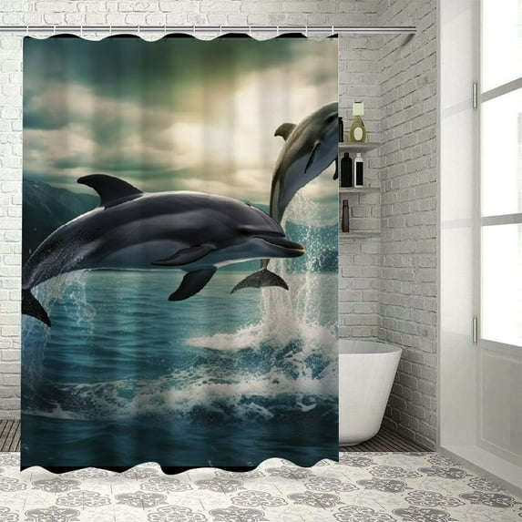 Fenyluxe Dolphins Wildlife Photography Pretty Shower Curtain Bathroom Decor with Hooks 100% Polyester Washable Shower Curtain for Bathroom 36x72