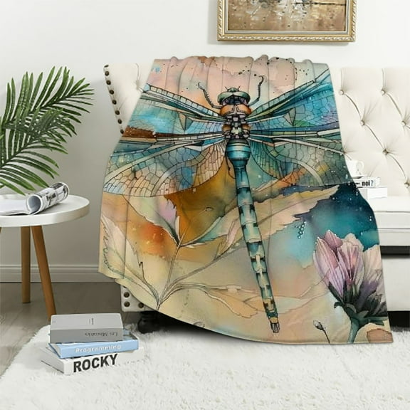 Fenyluxe Dragonfly Flower Watercolors Flannel Throw Blanket for Sofa Couch Cottagecore Room Decor All Seasons Comfort Lightweight Blanket 40x50in