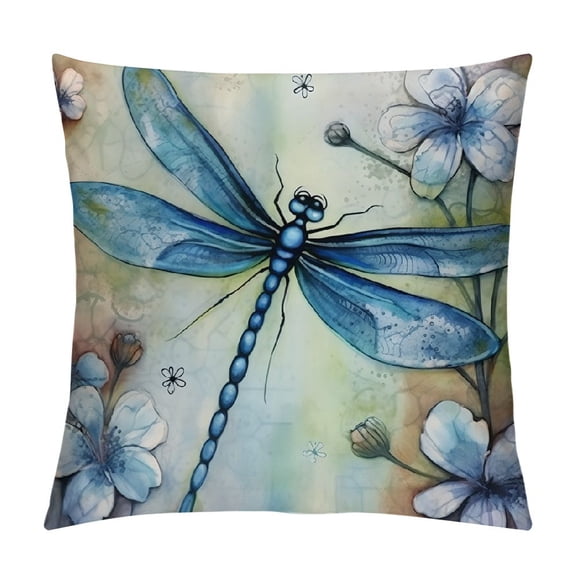 Fenyluxe Dragonfly Flowers Watercolor Modern Farmhouse Rustic Decorative Pillow Cases with Zipper Home Decor Aesthetic for Car Couch Bedroom 1PC 12x12in
