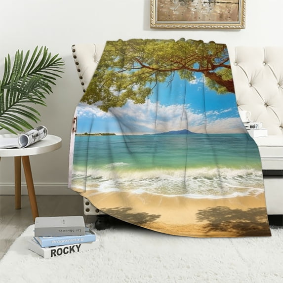Fenyluxe Dreamy Beach Throw Blanket for Couch Sofa Bed Office Travel Camping School Flannel Blanket All Seasons Gifts 60x80in